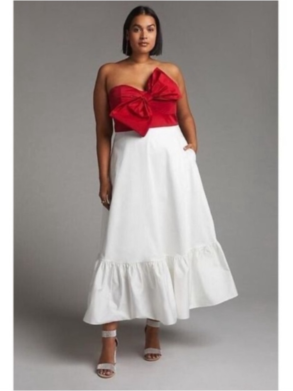 Anthropologie Hutch Bow Tie Red and White Formal Midi Cocktail  Dress
